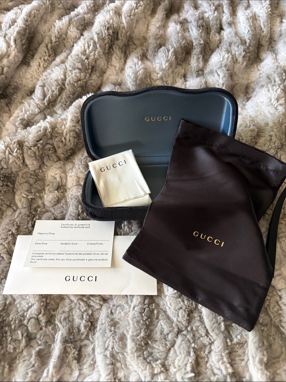 Gucci Black Hard Shell Sunglasses Case with Brown Drawstring Dust Bag